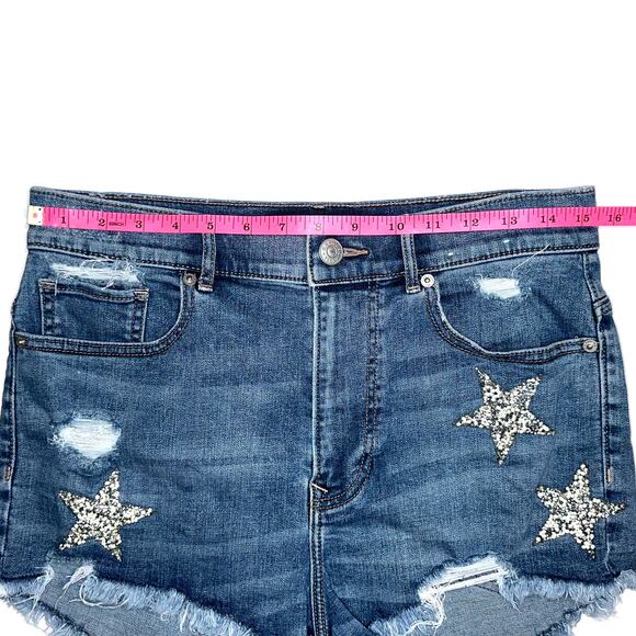 Express Shortie Extreme High Rise Embellished Star Denim Cutoff Shorts Size 8 - Picture 10 of 12